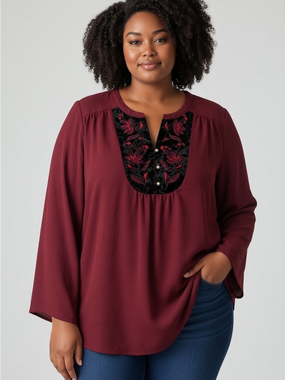 Catherines 18/20W Burgundy Embroidered Boho Peasant Top Plus Size Velvet Floral